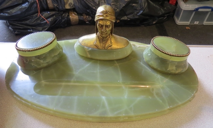 An onyx desk stand with gilt bust of Dante Aughiere, 45cm long