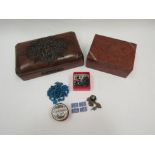 A carved wood and a burr walnut with shagreen inlay box with assorted contents including glass