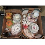 Two boxes of ceramics including Torquay ware twin handled loving cup, moustache cup, pierced form