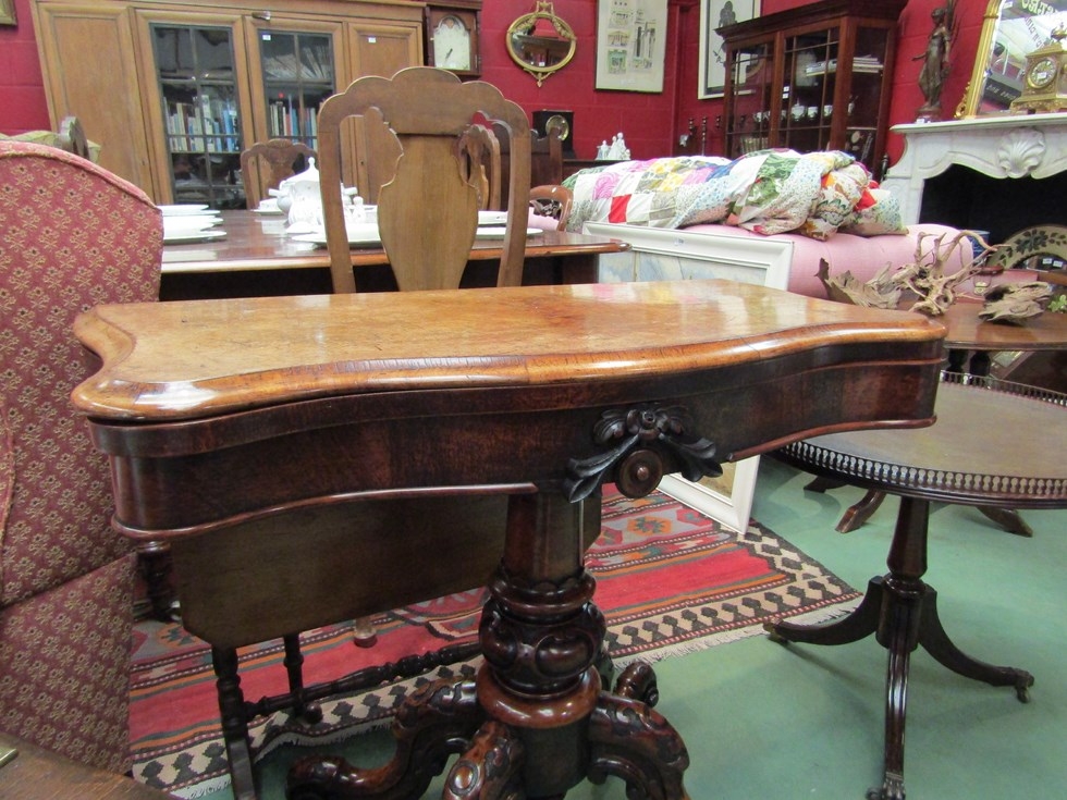 An early Victorian circa 1850 burr walnut serpentine front hinged top card table on a carved and - Image 3 of 4