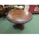 A mid Victorian circular top table, the acanthus leaf carved border and burr walnut top having