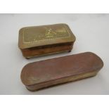 A brass and copper dutch tobacco box with inscription with another