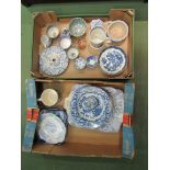 Two boxes of blue and white transferware including drainer, tankard, tea bowls etc, some pieces a/f