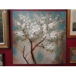 A canvas of impressionist form depicting a tree of white blossom and two birds, 80cm x 80cm