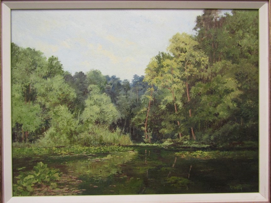 RICHARD MOTLEY (XX-XXI) 'Burnham Beeches', lake scene, oil on canvas, 44 x 59cm, gilt brushed frame