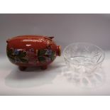 A retro terracotta pig money box, 28cm long, and a crystal glass bowl (2)