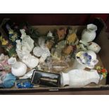 A mixed box; David Winter Cottages, miniature miner's oil lamp, Coalport ladies, glass figures, etc