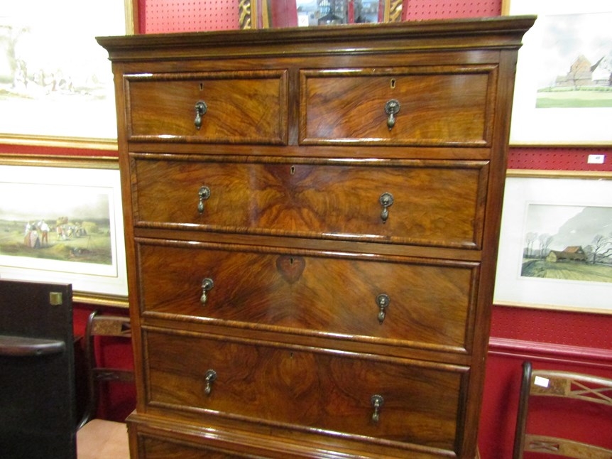 A George II revival figured walnut chest on stand of two short over four long drawers, with - Image 2 of 4