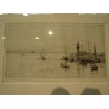 ROLAND LANGMAID (1897-1956): A signed etching depicting barges and a harbour scene 18x31cm, framed