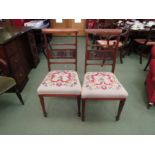 A pair of edwardian line inlaid mahogany Sheraton style chairs with needlepoint horse hair over-