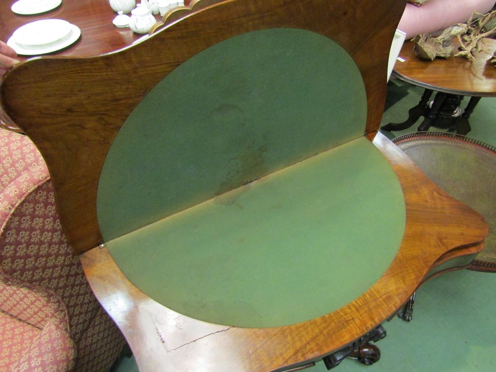 An early Victorian circa 1850 burr walnut serpentine front hinged top card table on a carved and - Image 4 of 4