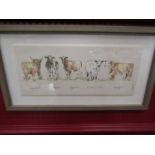 A coloured print depicting five various cows, framed and glazed