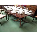 A regency twin pedestal dining table with extra leaves and twelve chairs (10+2 carvers)