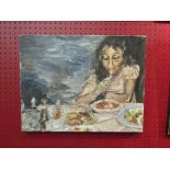 An oil on canvas depicting a young girl eating, 36cm x 46cm