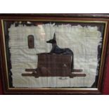 An Egyptian painting on papyrus depicting Anubis on sarcophagus, framed and glazed, 26cm x 36cm