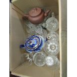 A box of mixed ceramics and glass including whisky glasses, brandy glasses etc