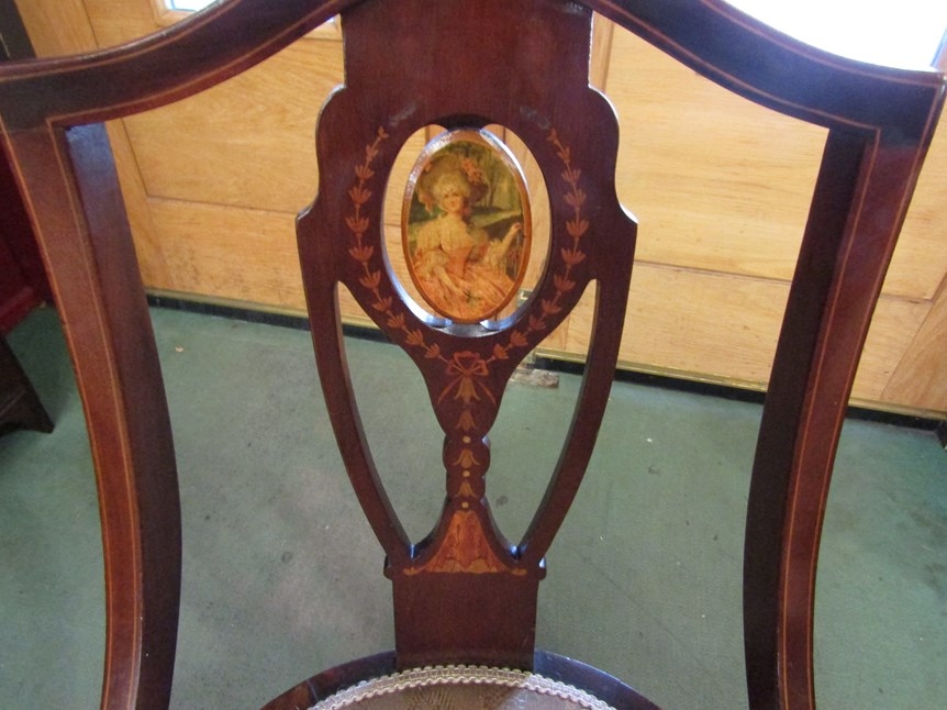 An Edwardian inlaid mahogany bedroom chair with harebell and painted lady decoration over a circular - Image 2 of 2