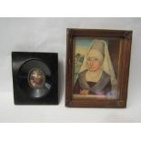 A coloured etching of a female signed; F.Anstey, 1921 14 x 11cm and a miniature framed image of