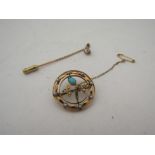 A stick pin with natural pearl drop and an Edwardian gold turquoise and pearl brooch stamped 9ct
