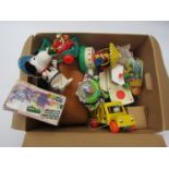 Assorted plastic toys including Fisher Price, Snoopy, Buzz Lightyear etc