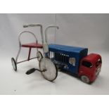 A Tri-ang pressed tin truck and a tricycle (2)