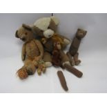 Four vintage teddy bears (two in need of restoration) and a vintage toy monkey (5)