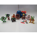 A collection of playworn Bucky O Hare action figures and spaceship