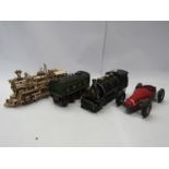 Two model locomotives, tender and racing car (4)