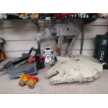Mixed vintage playworn plastic toys including Star Wars At-At Walker and Millennium Falcon,