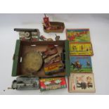 Mixed vintage playworn toys including boxed Codeg balance scale, Lehman tinplate spinning top,