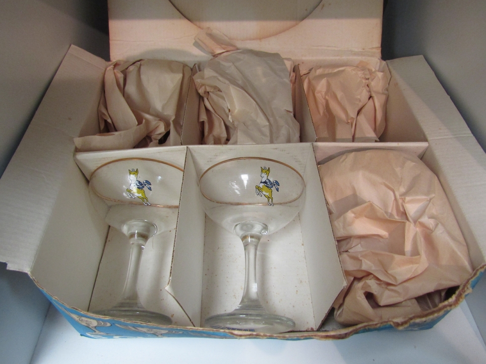 An original boxed set of six Babycham glasses