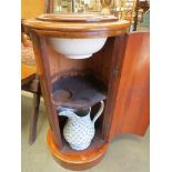 A Victorian cylinder pot cupboard with jug and bowl, marble top, 70cm high