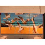 P Binage a six panel printed coastal scene of seagulls in flight, 65cm x 134cm