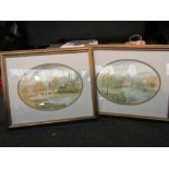 A pair of watercolours in oval mounts depicting river, church and cottage scenes, framed and glazed