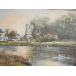 MARY ROSTRUN: Oil on board depicting a village river scene depicting the village of William,