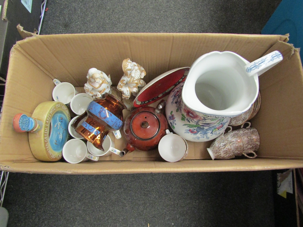 A box of misc ceramics including lustre jug and wash jug