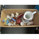 A box of misc ceramics including lustre jug and wash jug