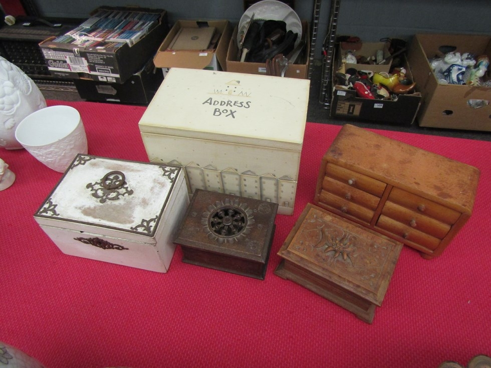 A wooden address box, miniature bank of drawers, tea caddy etc. (5)