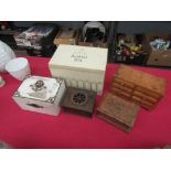A wooden address box, miniature bank of drawers, tea caddy etc. (5)