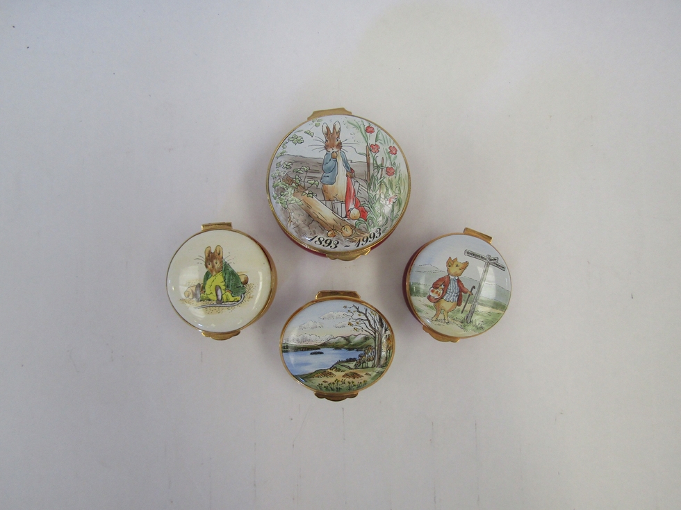 Four enamel pill pots Beatrix Potter themed including a commemorative centenary of Peter Rabbit - Image 2 of 3