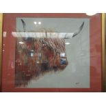JOHN RYAN: An acrylic entitled "Highland Bull", signed lower right, framed and glazed, 40cm x 42cm