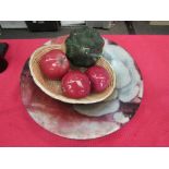 A glass bowl with white flower design, 32cm diameter together with a basket of ceramic fruit