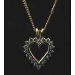 A 9ct gold diamond heart pendant hung on 9ct gold necklace, 46cm long, 6.6g