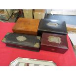 Three Victorian leather bound jewellery boxes one with silk catted interior, one with metal mounts