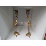 A pair of early 20th Century Continental brass crane on tortoise candle sticks, 28cm high