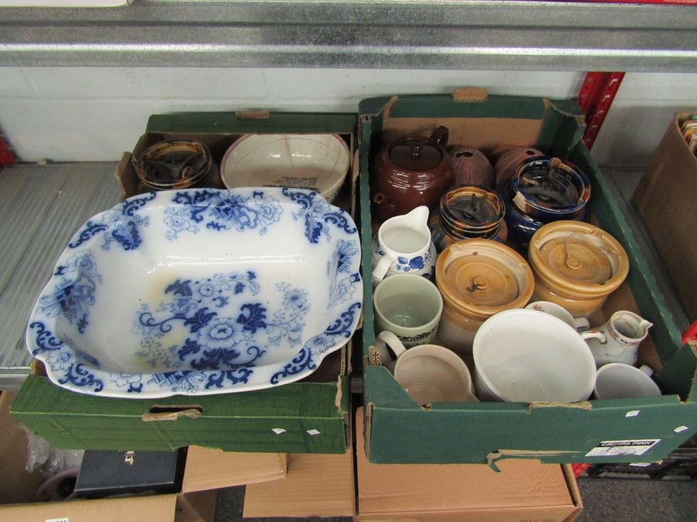 Two boxes of mixed ceramics: tobacco jars, Sunderland bowl, a sailors farewell, shell urchins,