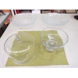 A pair of shallow moulded glass dishes, bowl & cut glass food cover (4)