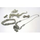 A small quantity of marcasite set jewellery including necklace and bracelet and a lizard brooch