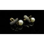 A pair of 9ct gold pearl and diamond earrings, 2.9g
