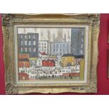 An acrylic on board in the manner of Lowry, gilt framed, 40.5cm x 49.5cm